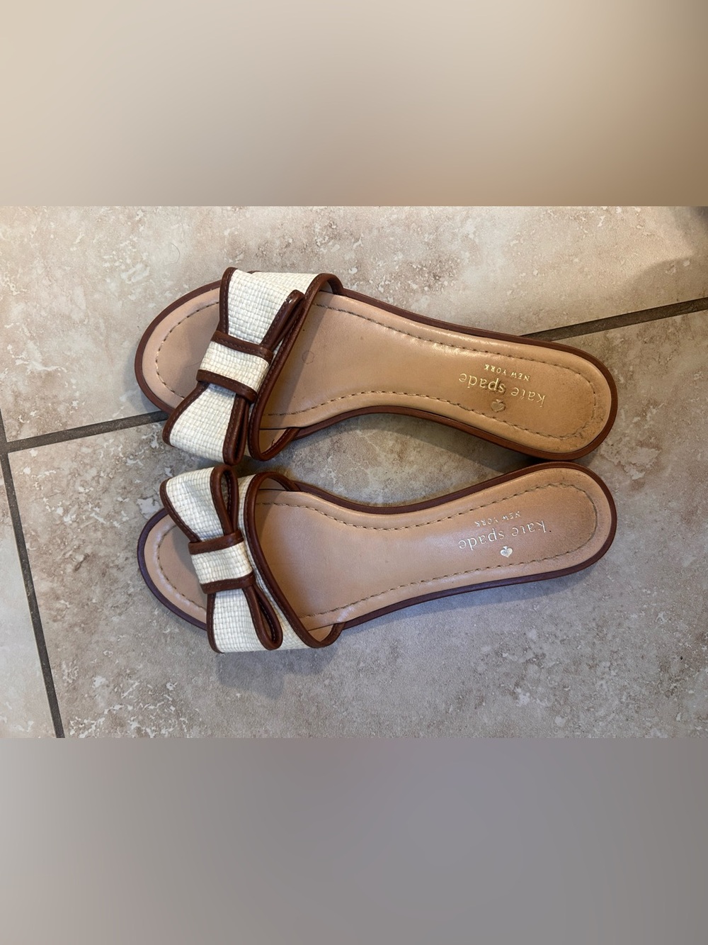 kate spade White and Brown Bow Slide Sandals